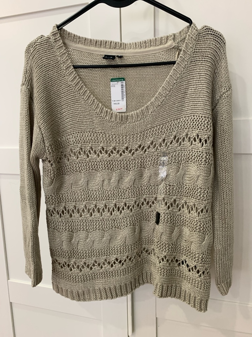 Simons Open-Knit Crewneck Sweater in Light Beige